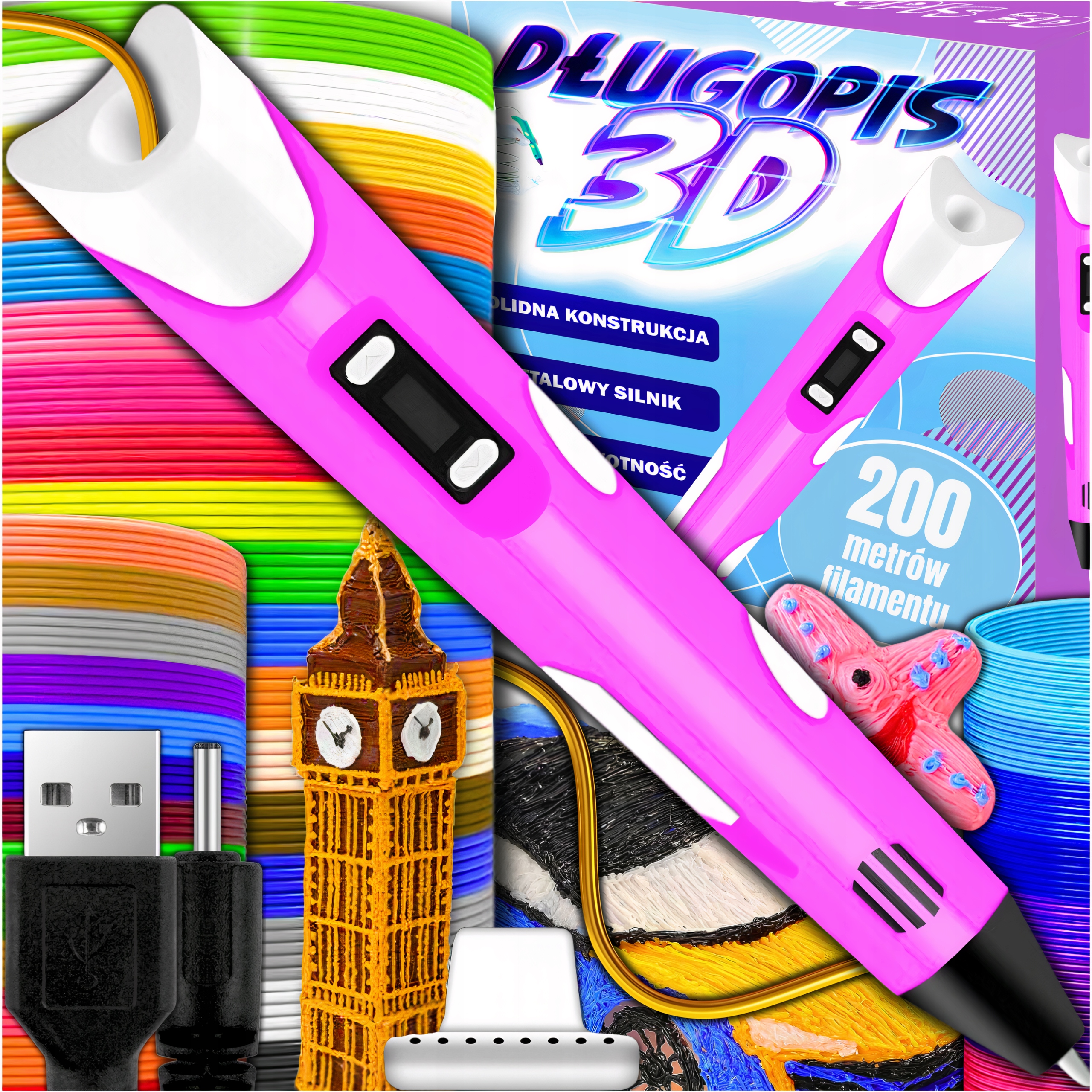 DŁUGOPIS 3D DLA DZIECI DRUKARKA MAGICZNY PEN ZESTAW + WKŁADY PLA 200 METRÓW Stan opakowania oryginalne