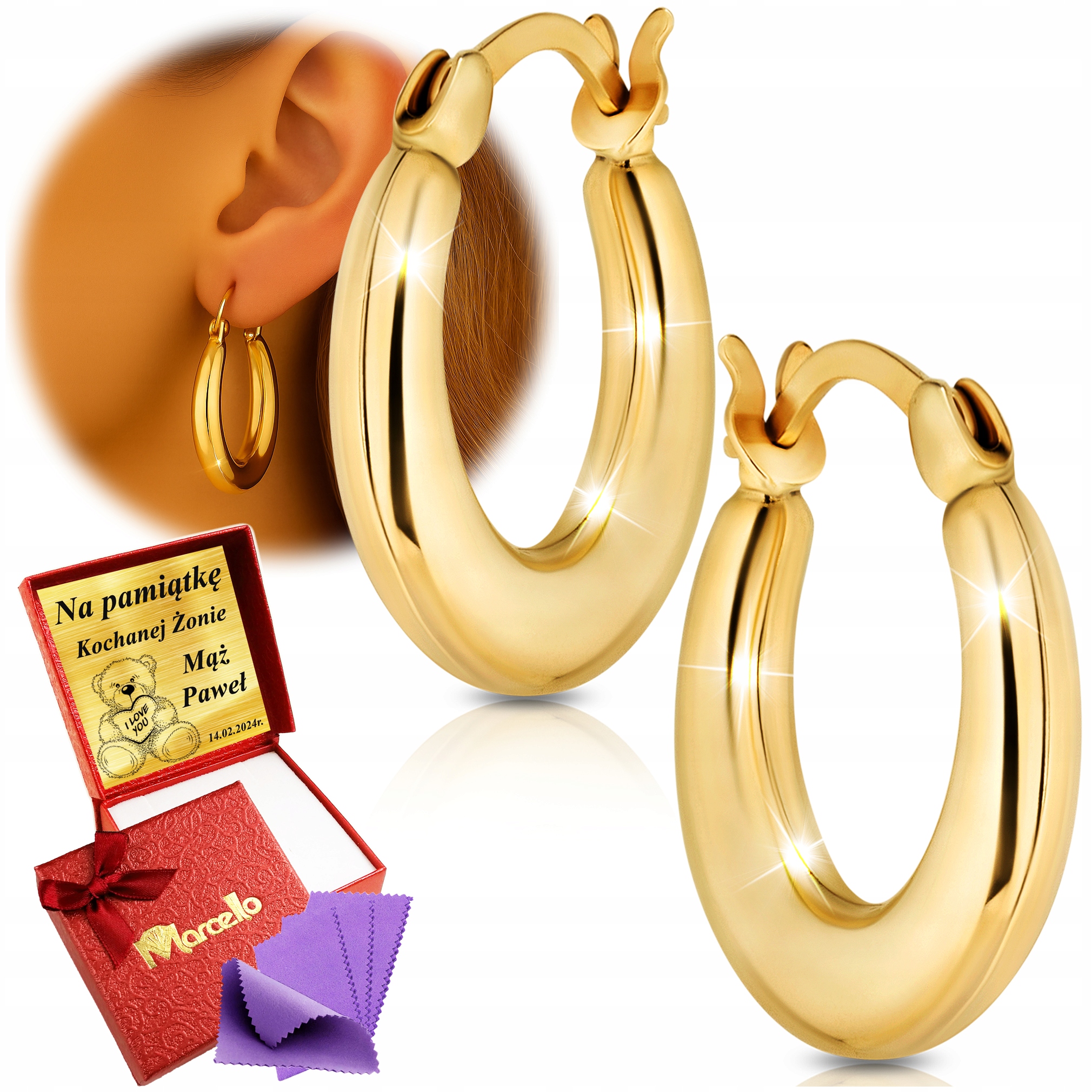 Złote Kolczyki 585 Wiszące Gładkie Okrągłe Dla Kobiety Grawer