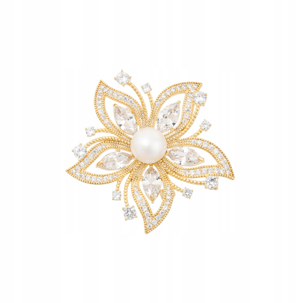 Brož květina Pinets pozlacená perlou a zirkony elegantní ozdoba