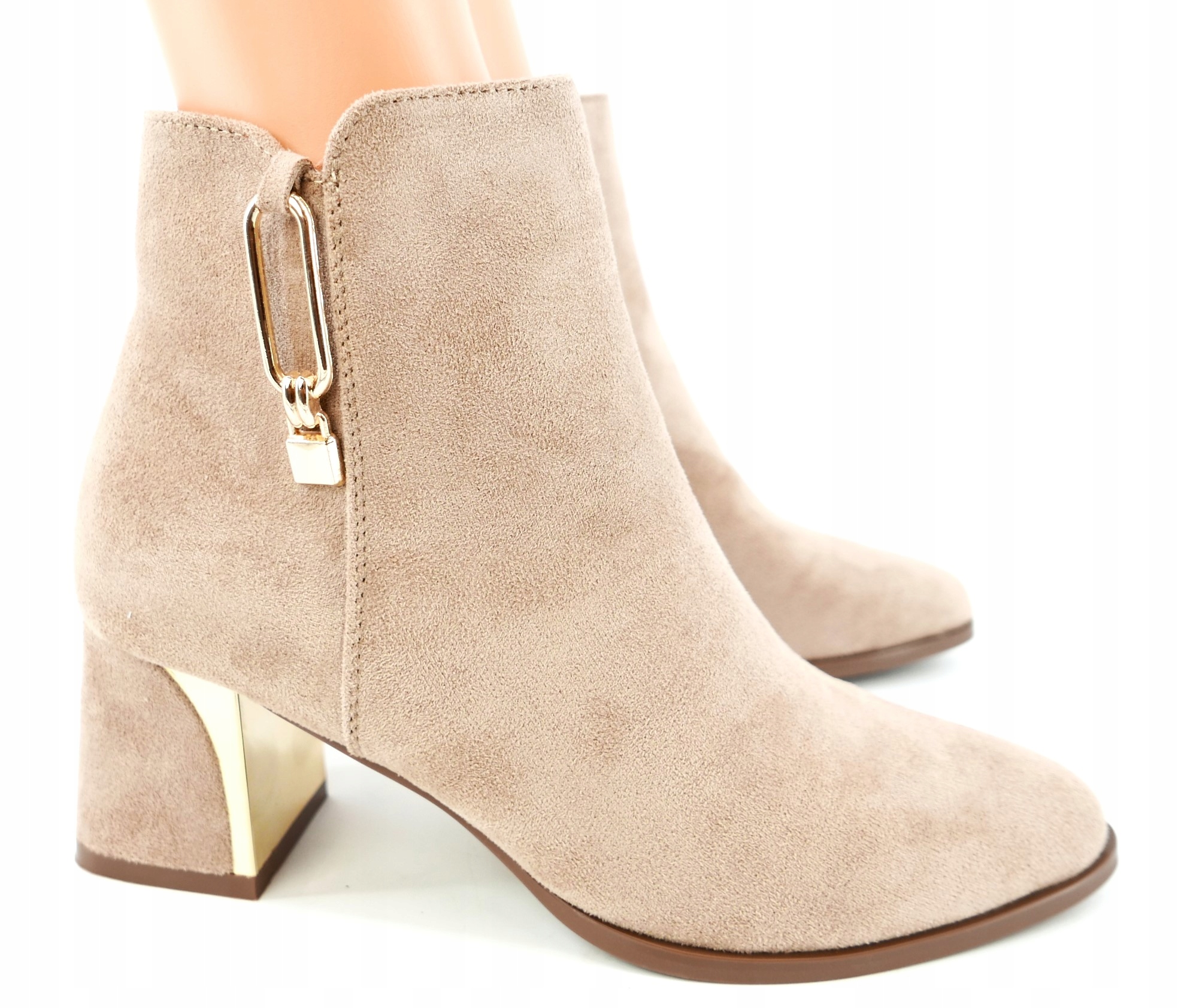 SEASTAR BEŻOWE ZAMSZOWE BOTKI NA OBCASIE R40