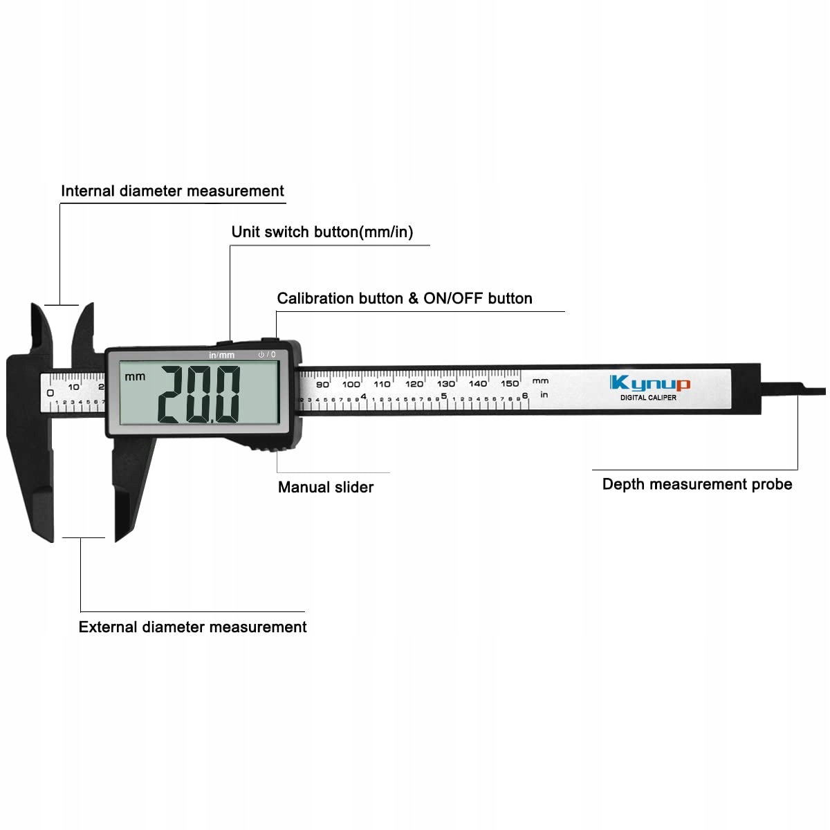 KYNUP Cyfrowa Suwmiarka LCD 150mm Przełączanie Mm/Cale Lekka Suwmiarka