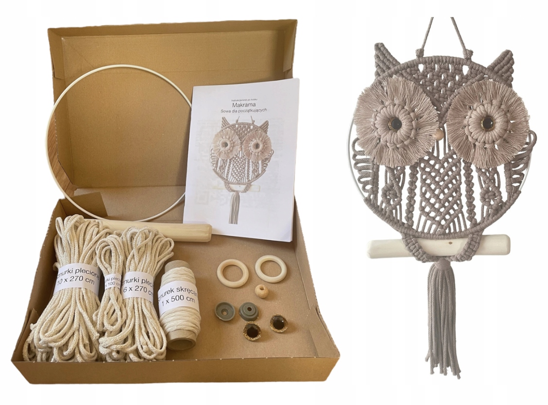 Sada na učení makramy sova pro začátečníky ecru zlatou nití