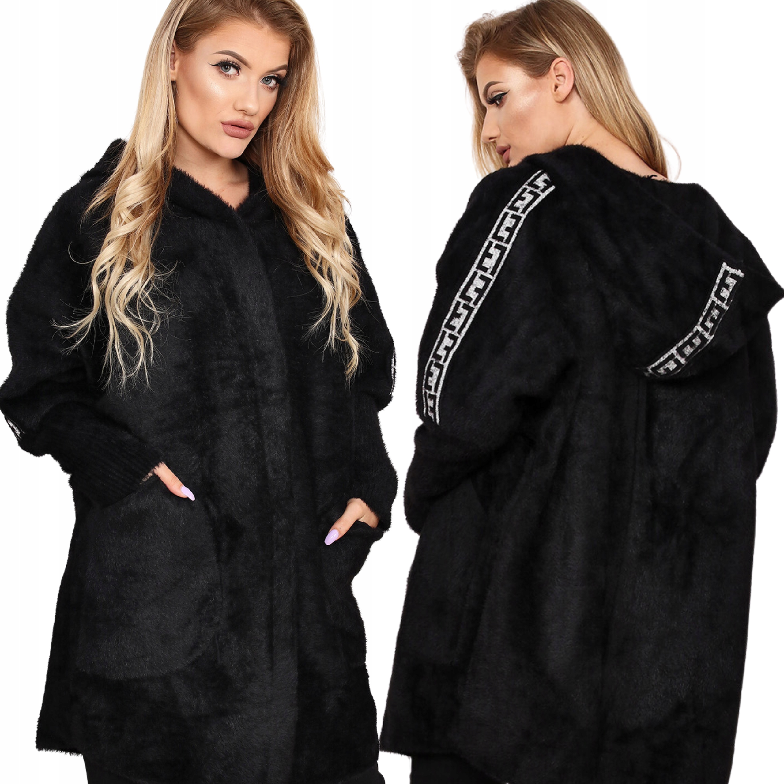 Płaszcz Kaptur Alpaka Damska Kobieca Modna Lampas Czarny 2061