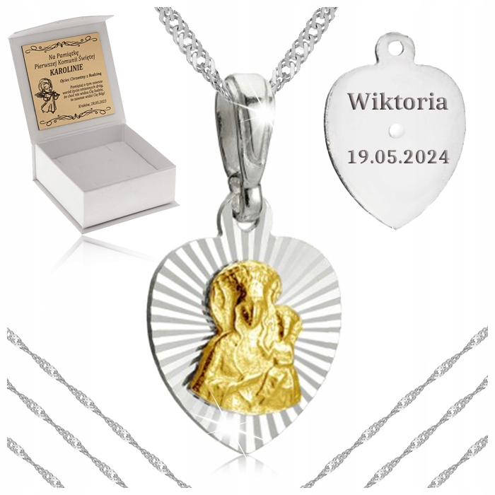 SREBRNY NASZYJNIK KOMUNIJNY ŁAŃCUSZEK POZŁACANY MEDALIK 925 DLA DZIEWCZYNKI