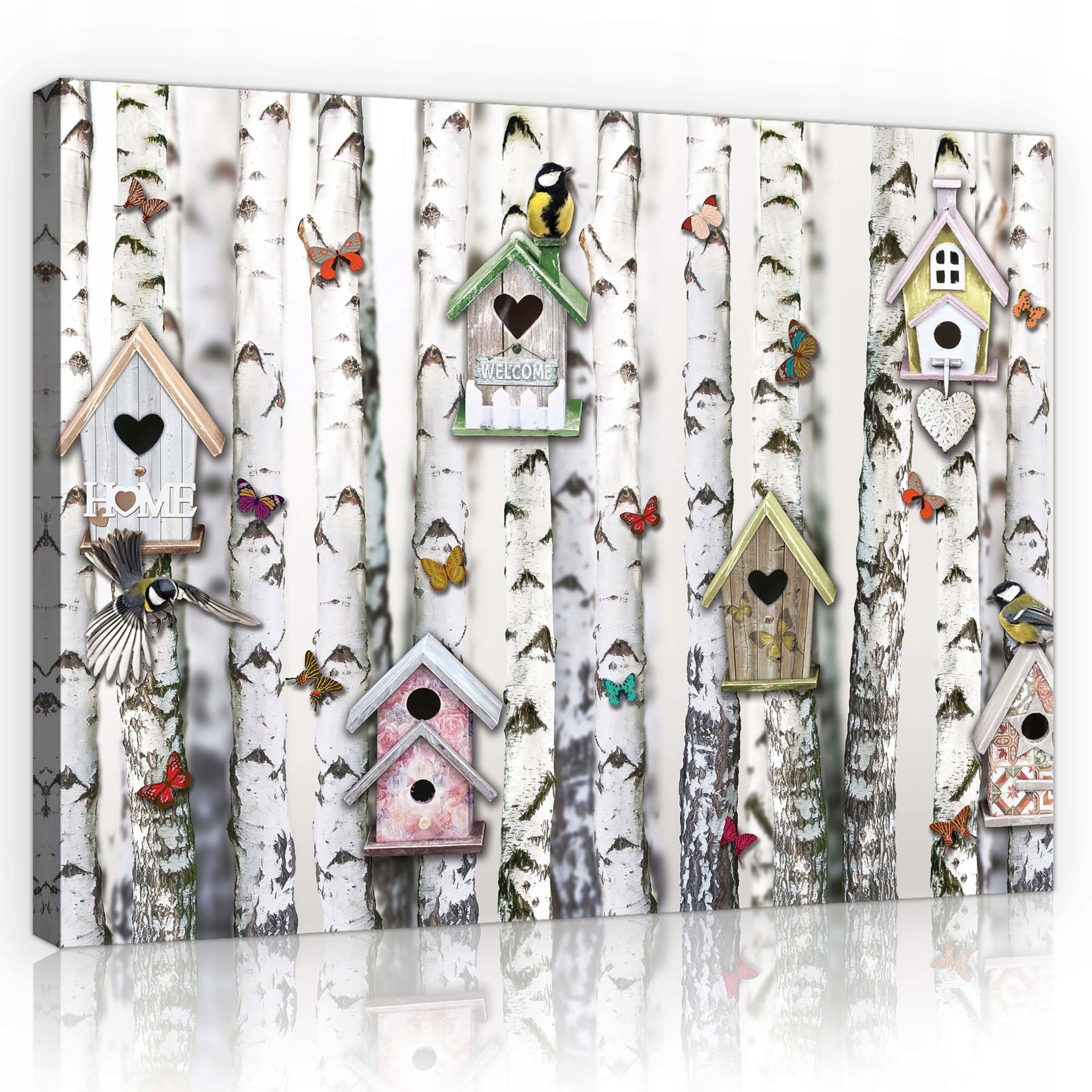 Obraz 80x60 Břízy krmítka motýli ptáci příroda domov útulnost jaro