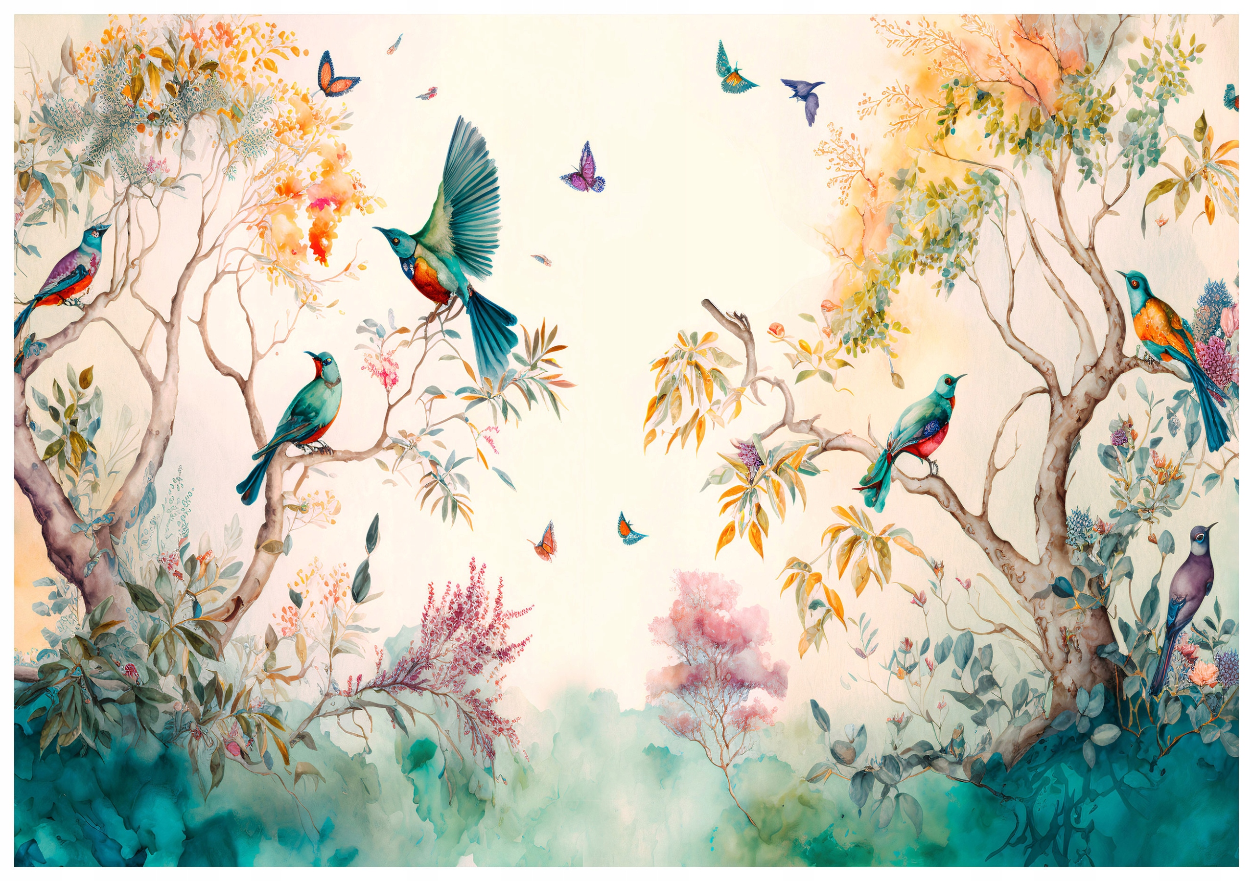 Fototapeta vliesová Vtáky motýle a kvety pastelové akvarely 312x219 lepidlo