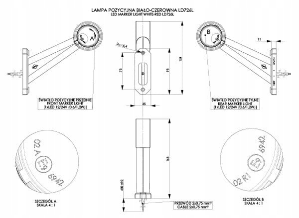 LAMPA OBRYSOWA LD 726/L Strona zabudowy przednie lewe tylne lewe