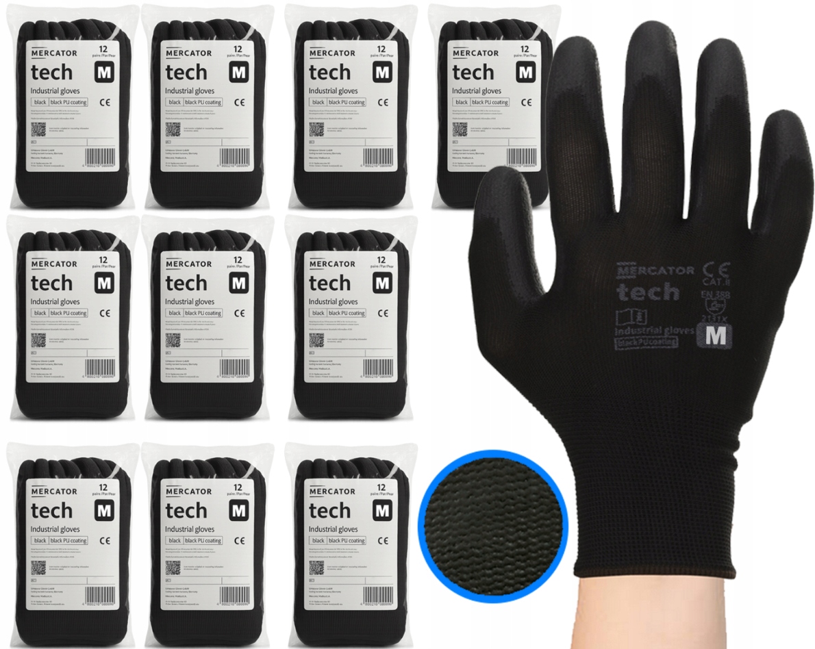 Pracovní Rukavice Mercator Tech Black+Black Pu M 120 párů