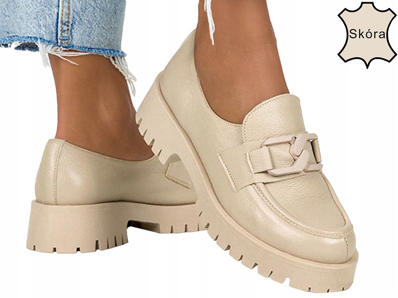 MOKASYNY DAMSKIE SKÓRZANE Z ŁAŃCUCHEM WYGODNE r 41