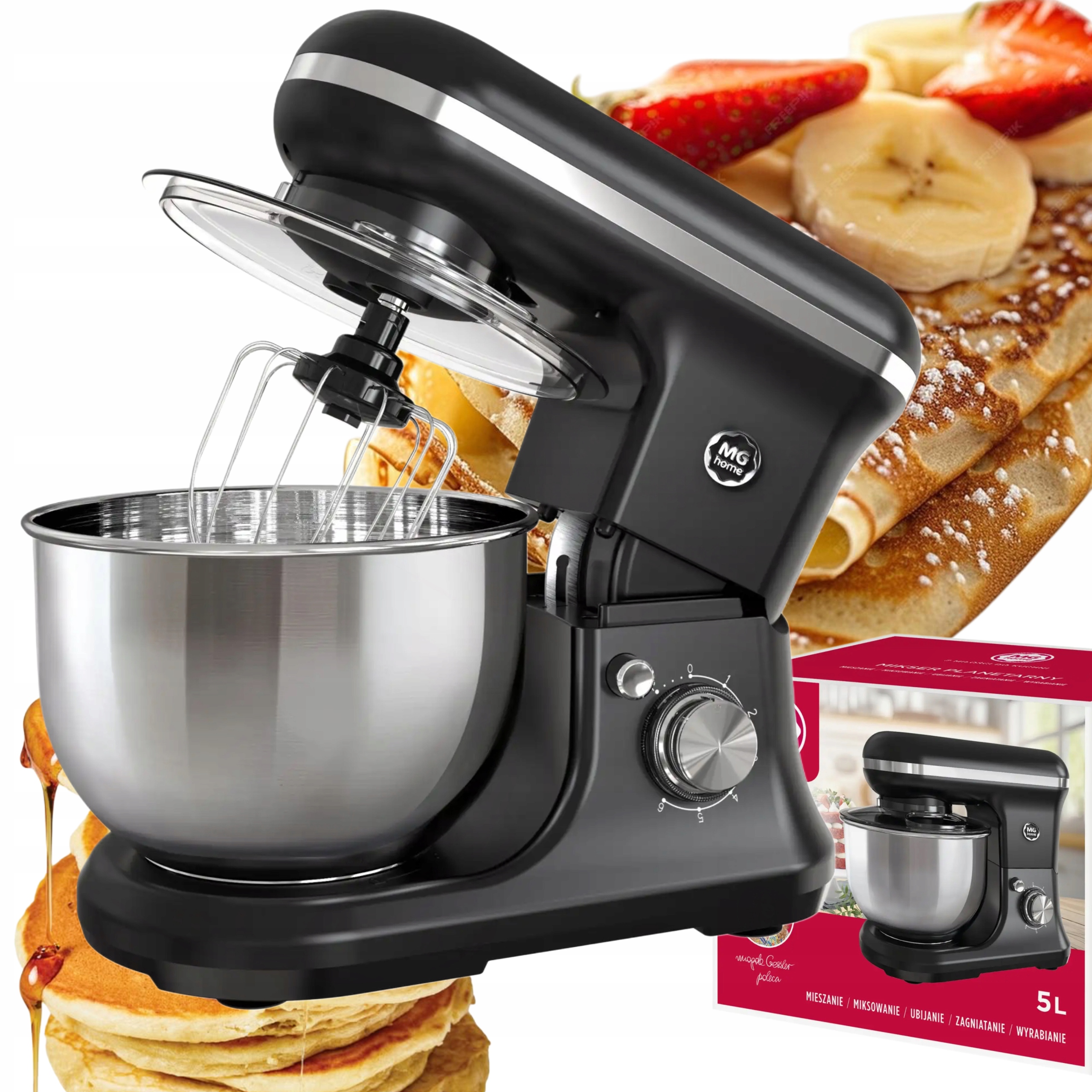 Planetární Mixér Mg Home 5 L S Mísou 3 Nástavce 1200W 5 Funkcí Černý Velký