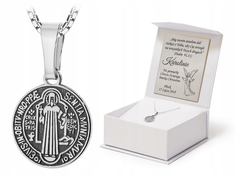 Stříbrný Náhrdelník 60 cm ryzost 925 Drážkovaný medailon Svatý Benedikt Gravírování
