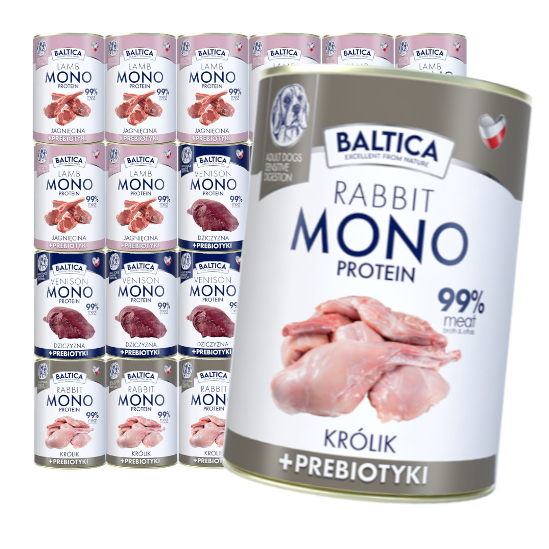 Levně Baltica Monoprotein 24x400g Vlhké Krmivo pro psy Jehněčí zvěřina Králík