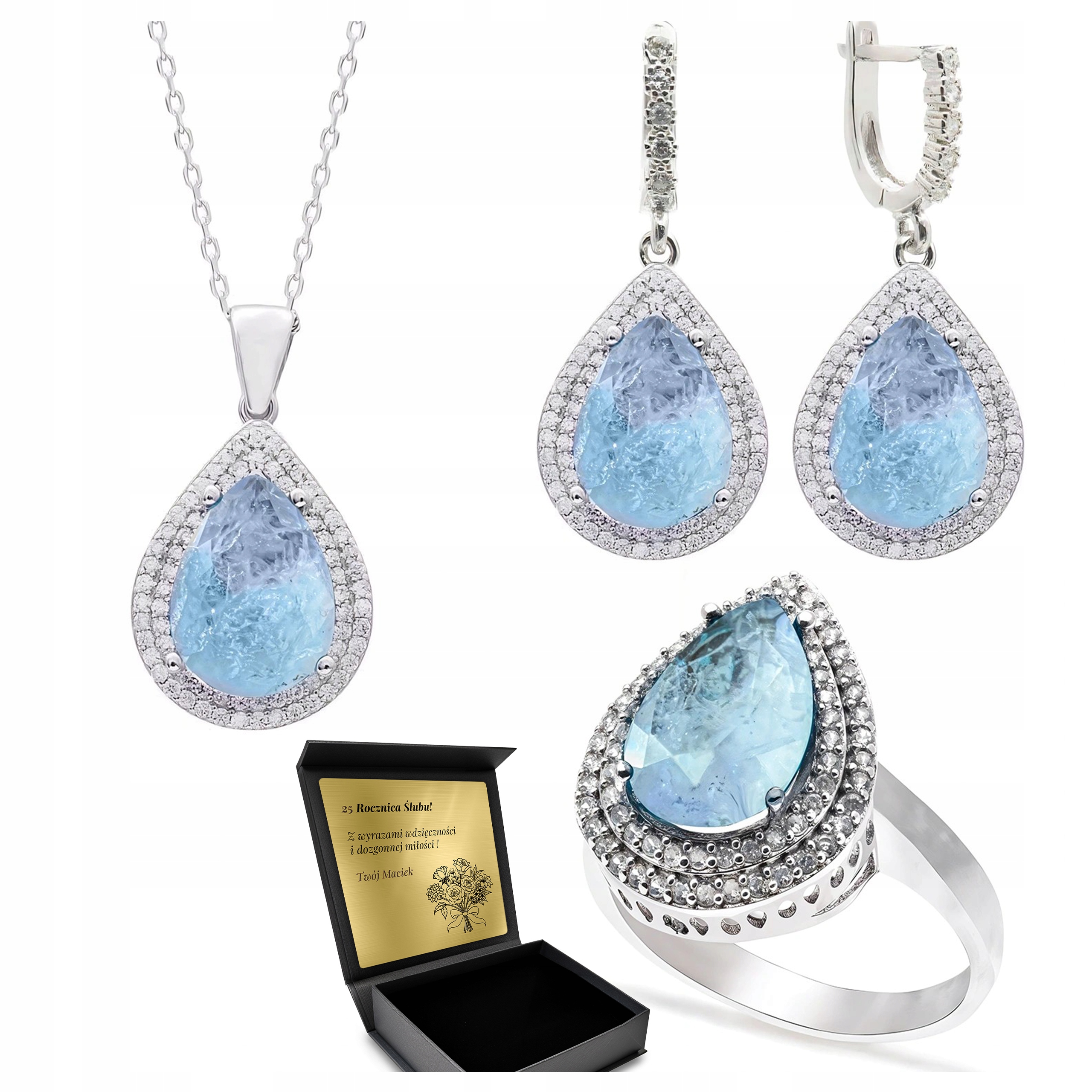 Komplet Stříbrných Šperků 925 Zirkony Turmalín Dárek pro ženu Gravírování