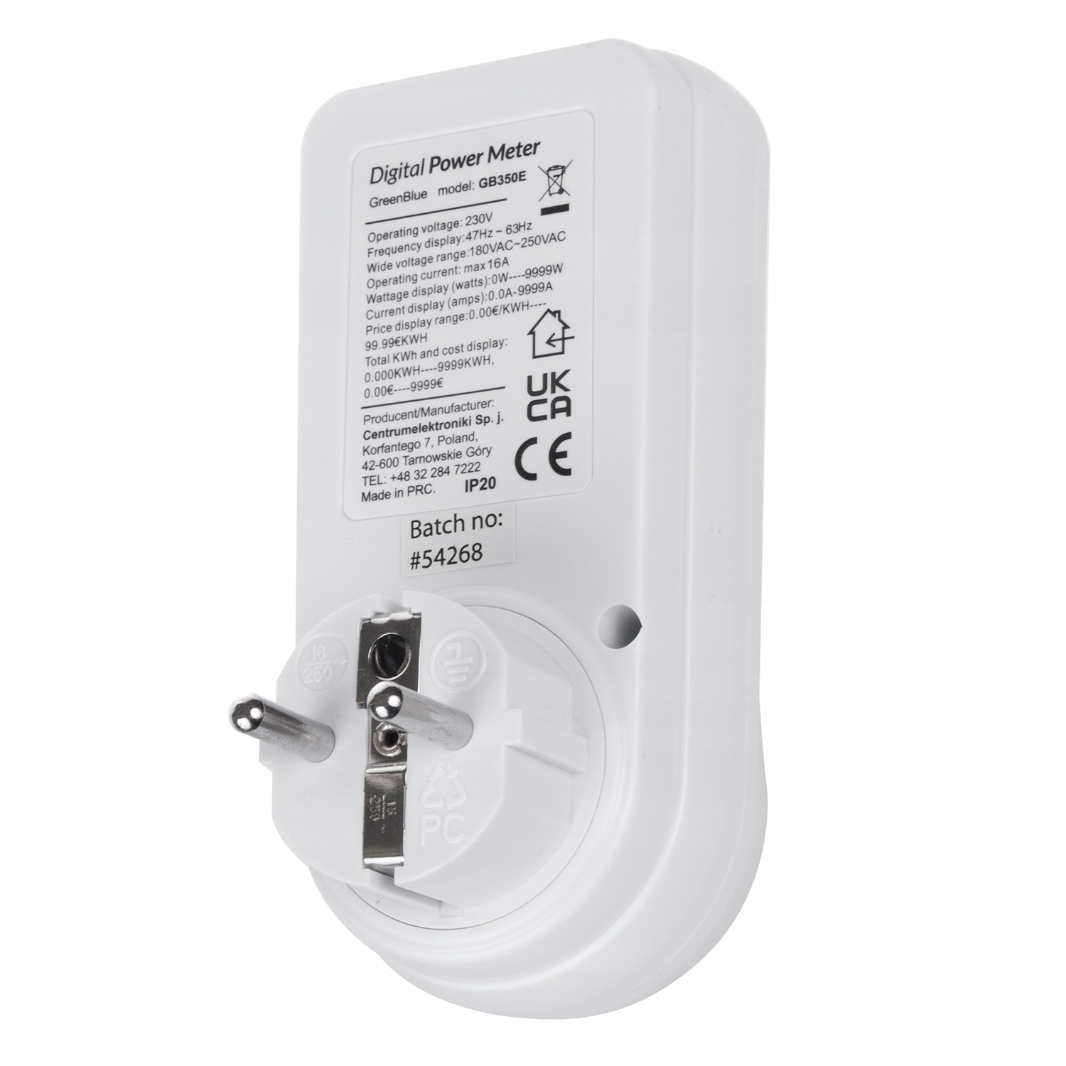 MIERNIK LICZNIK ZUŻYCIA ENERGII PRĄDU WATOMIERZ GREENBLUE GB350 Maksymalne obciążenie 3680 W