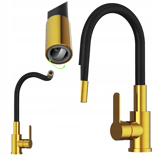 Kuchynská batéria s flexibilným zlatým výtokom Grado Plus, otočný perlátor