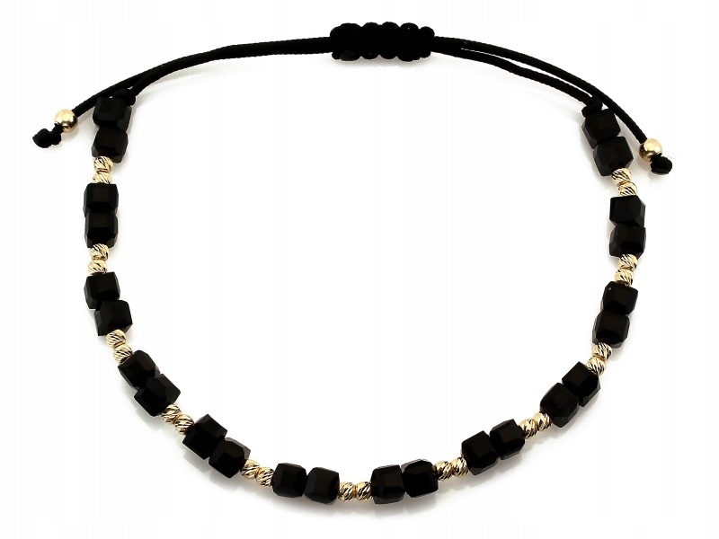 Zlatý náramek 585 s frézovanými kuličkami a černými kostkami 0.88 g