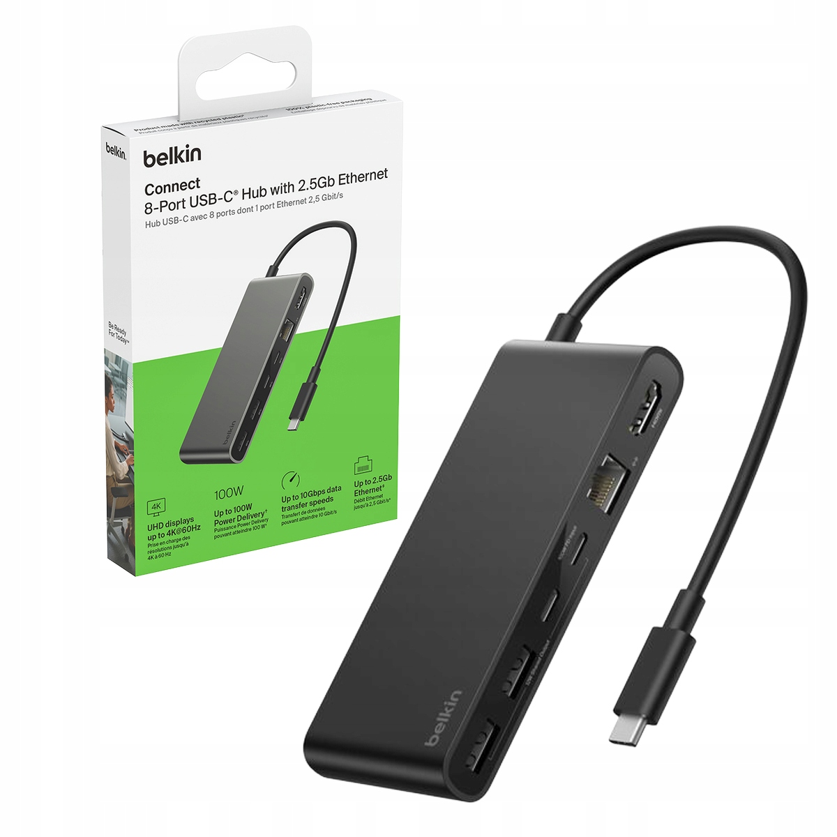 Belkin Usb-c hub 10 Gbps, 2 x Usb-a, Pd 100W, Hdmi 2.0, RJ45 2,5 Gbps, Sd 3