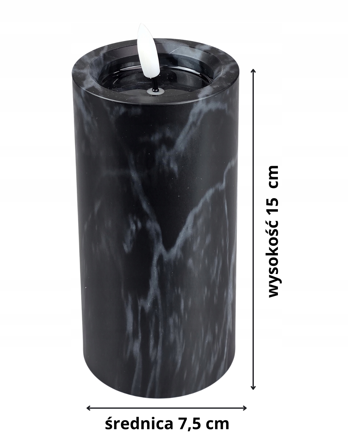 Świeca LED marmurowa czarna – dekoracyjna świeca LED 7,5 cm x 15 cm