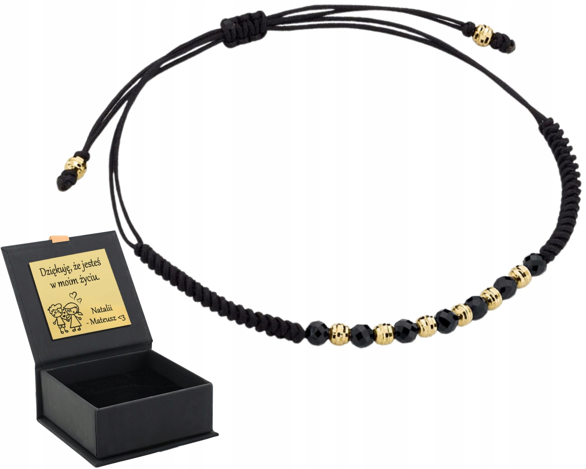 Sznurkowa Bransoletka Czarna Pozłacane Diamentowane Kuleczki Srebro 925