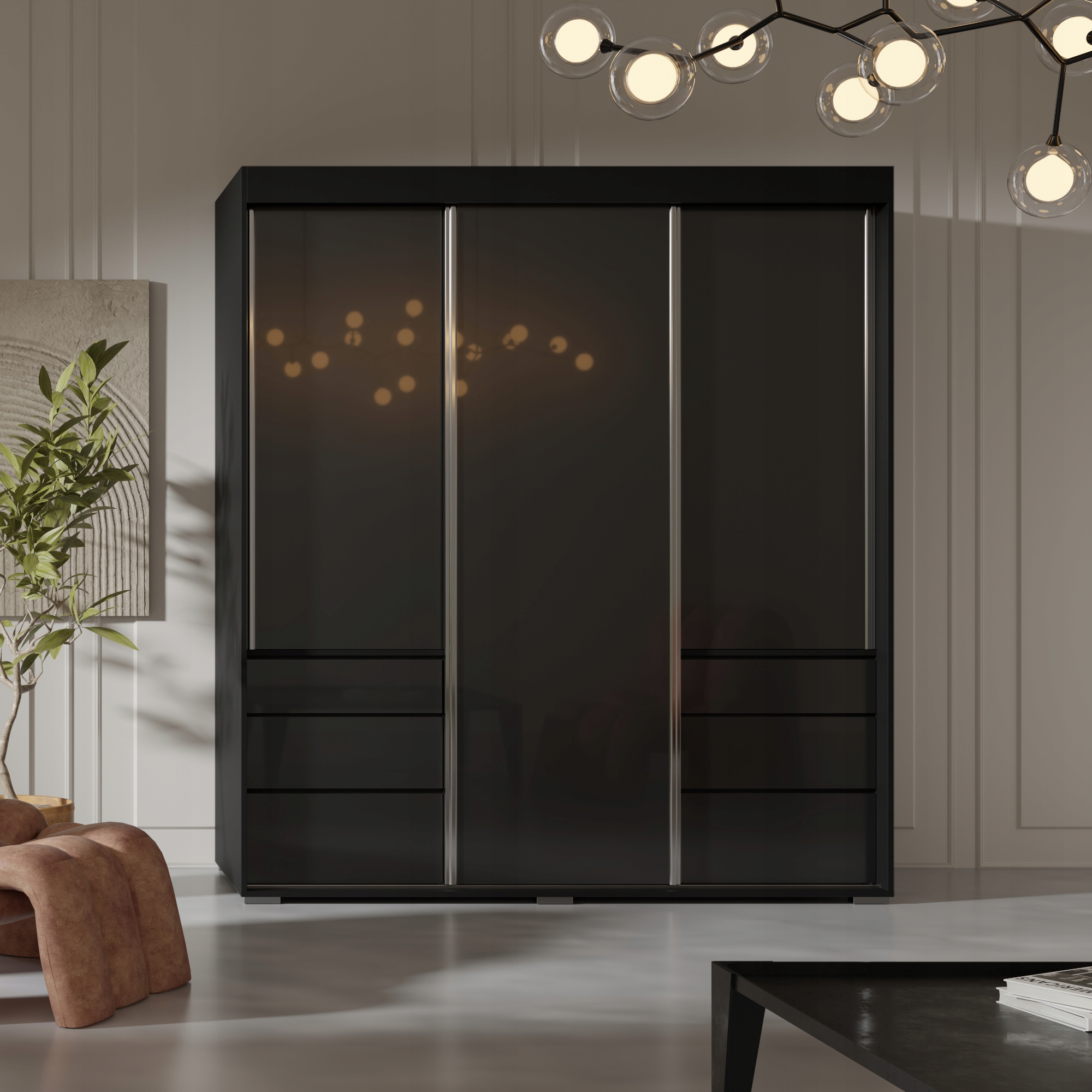 Szafa przesuwna z szufladami Torino 3D 180 Czarna (lacobel)