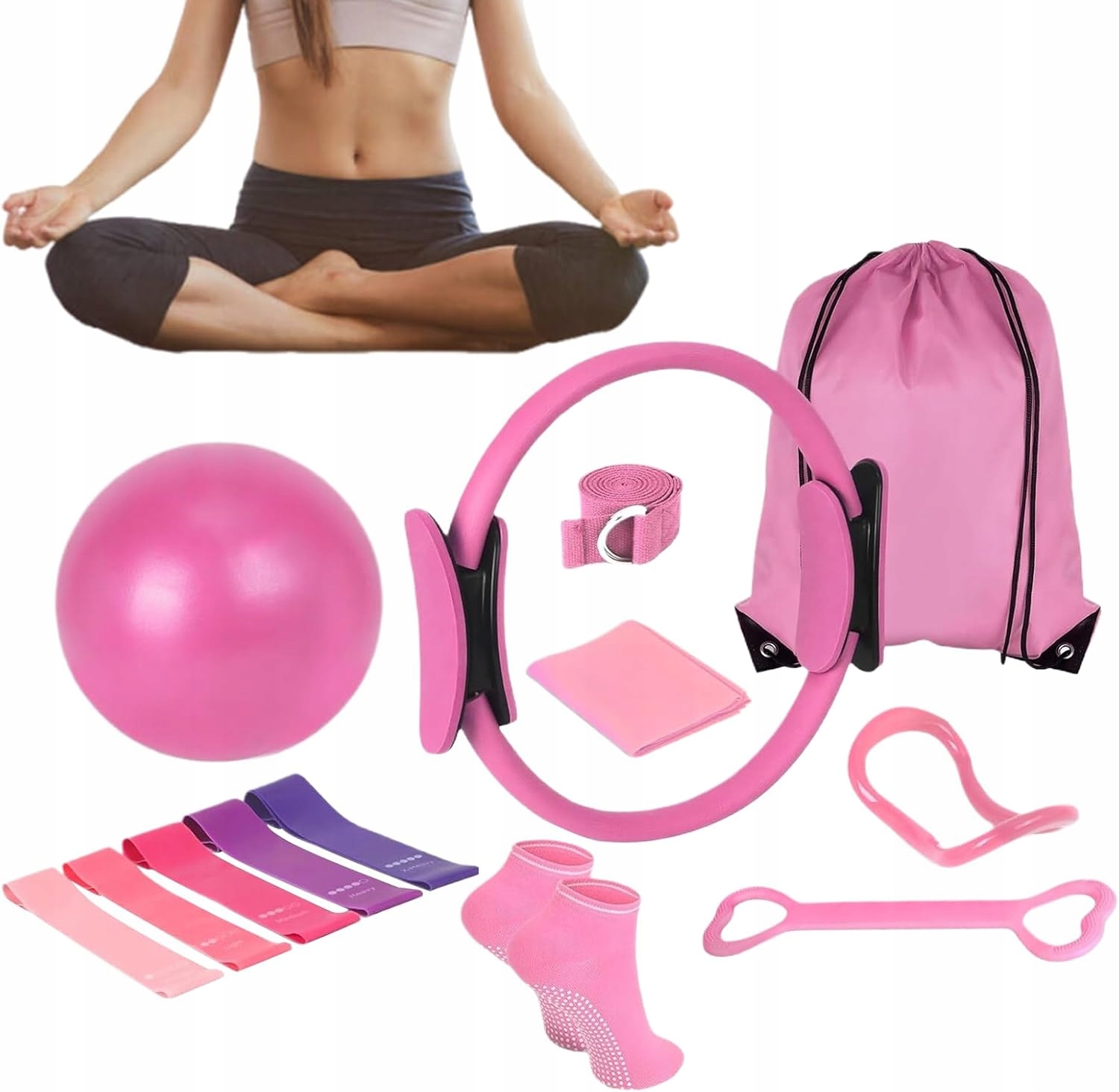 13dílná sada Pilates kruhů, posilovací guma a popruh – pro ruce, nohy a ramena Pink