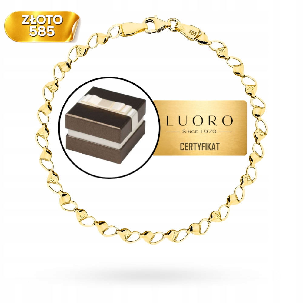 Zlatý náramek 585 14K zdobený srdíčky 18,5 cm žluté zlato elegantní