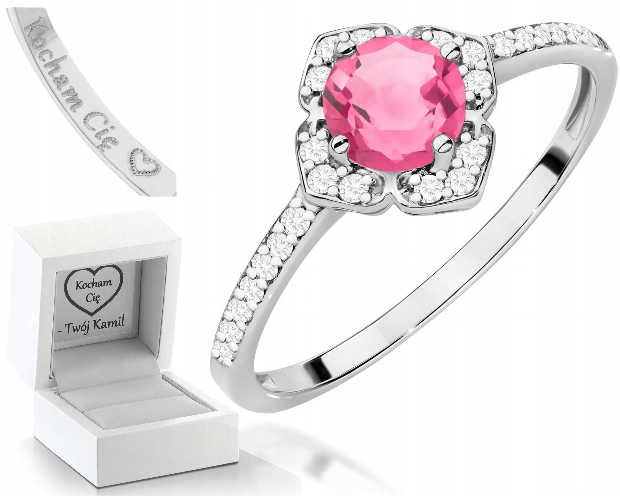 Bílý Zlatý Prstýnek S Růžovým Topazem A Diamanty