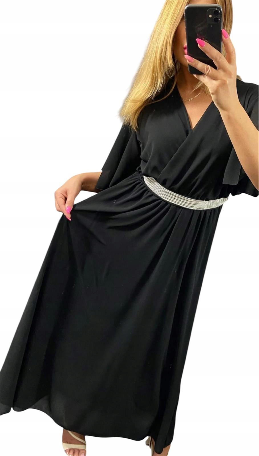 V0004 Elegantní Šaty Perla S Ozdobným Páskem, Černá vel. 44 (2XL)