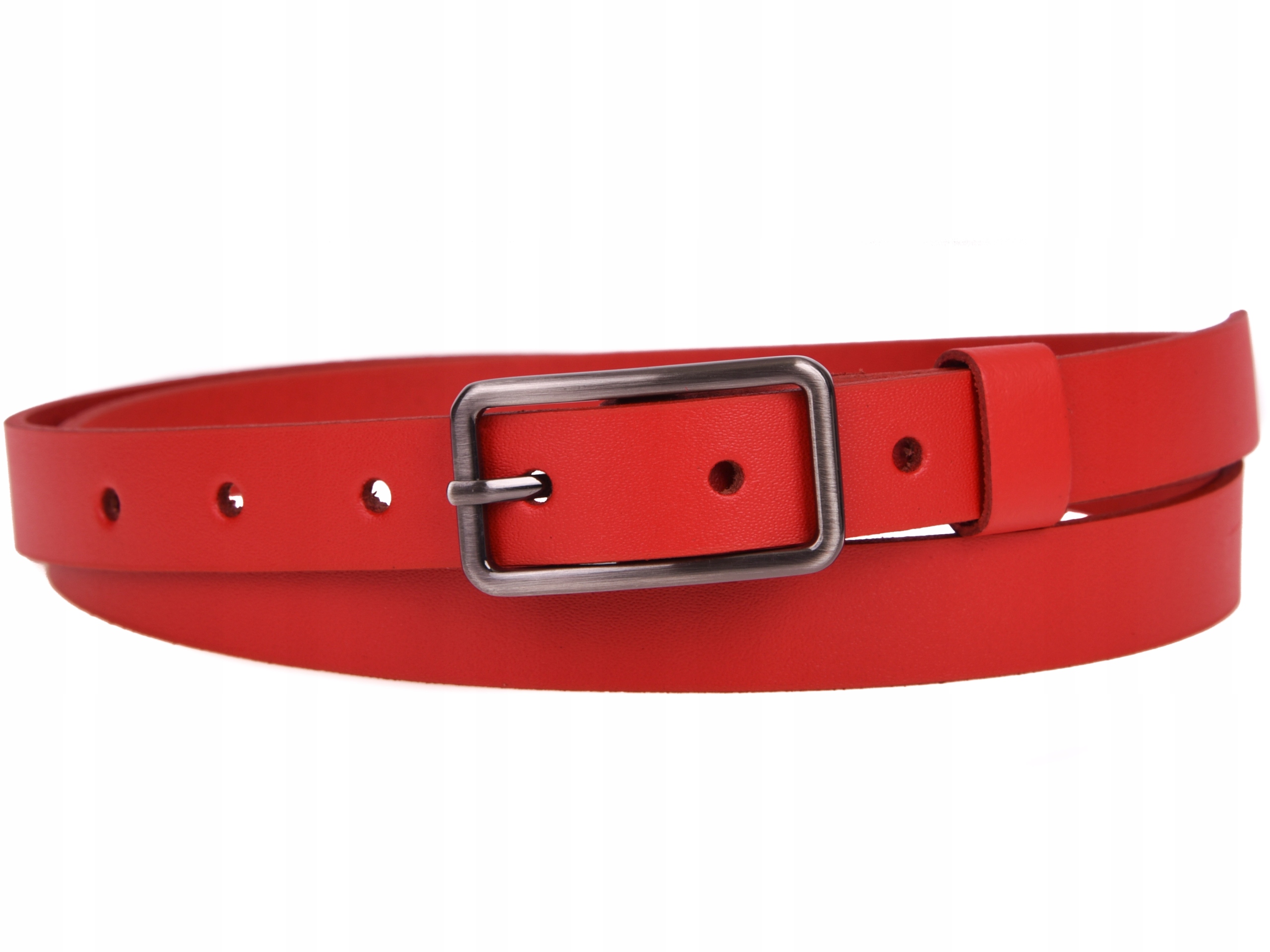 Wąski SKÓRZANY Pasek damski 2 CZERWONY do sukienki Kolor okuć srebrny