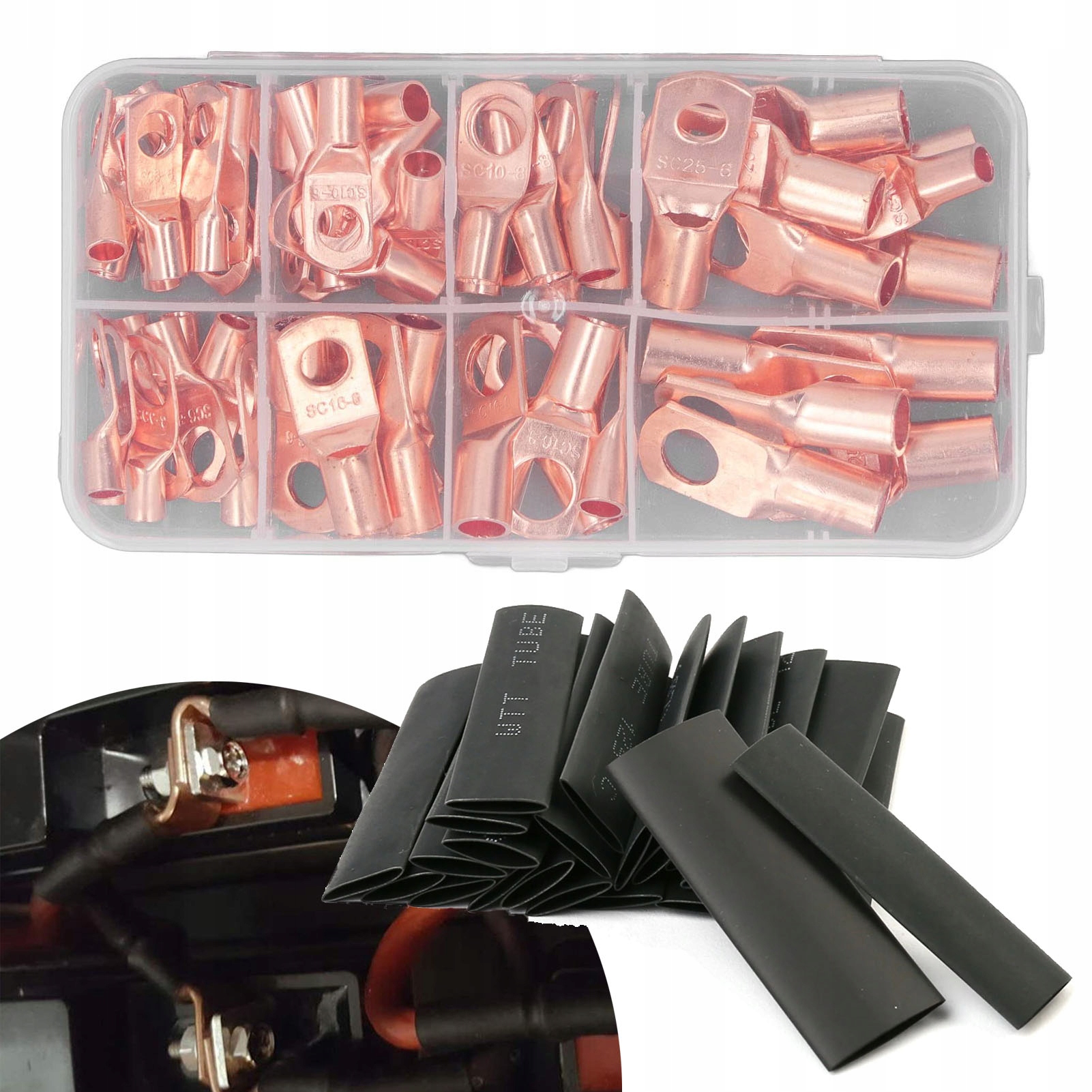 Konektory Oczkowe Miedziane 6-25 mm² M6 M8 Termokurczki Zestaw 140szt.