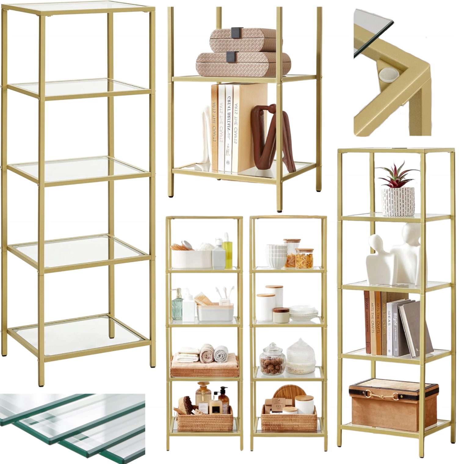 Regál Sklenený Čierny 5 políc Loft Stojaca kovová polica do kúpeľne a kancelárie