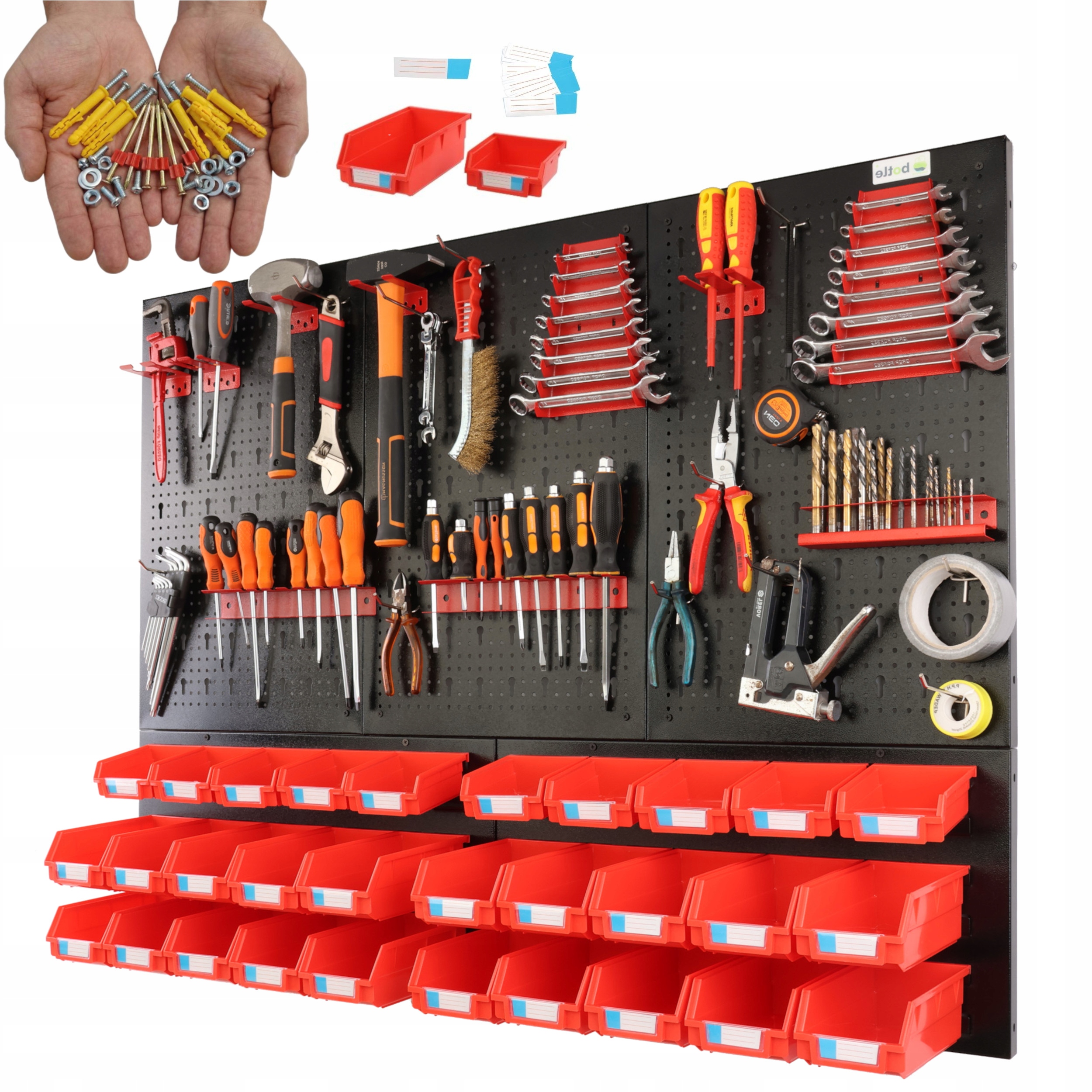 Dílenská tabule na nářadí botle 120 x 90 cm, kov, 30 nádob kolíčky