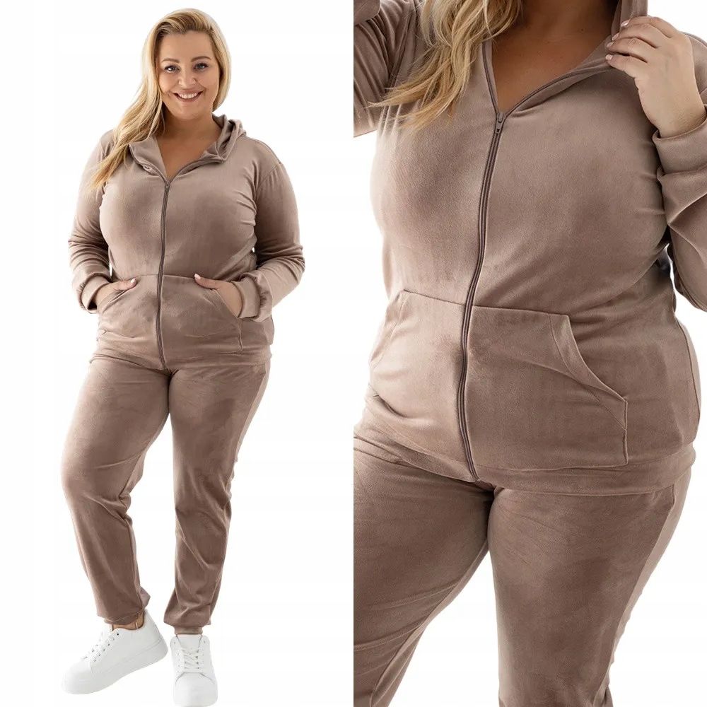 Dámský Teplákovka Velurový komplet s kapucí XXL 44 Béžová