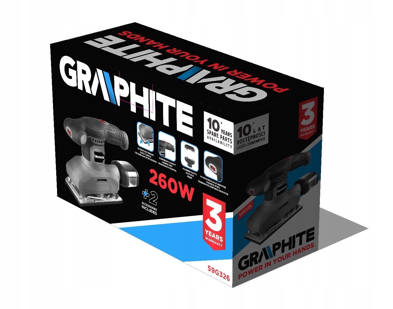 GRAPHITE SZLIFIERKA OSCYLACYJNA 260W 90x187MM PAPIER POJEMNIK NA PYŁ 59G326 Moc 260 W