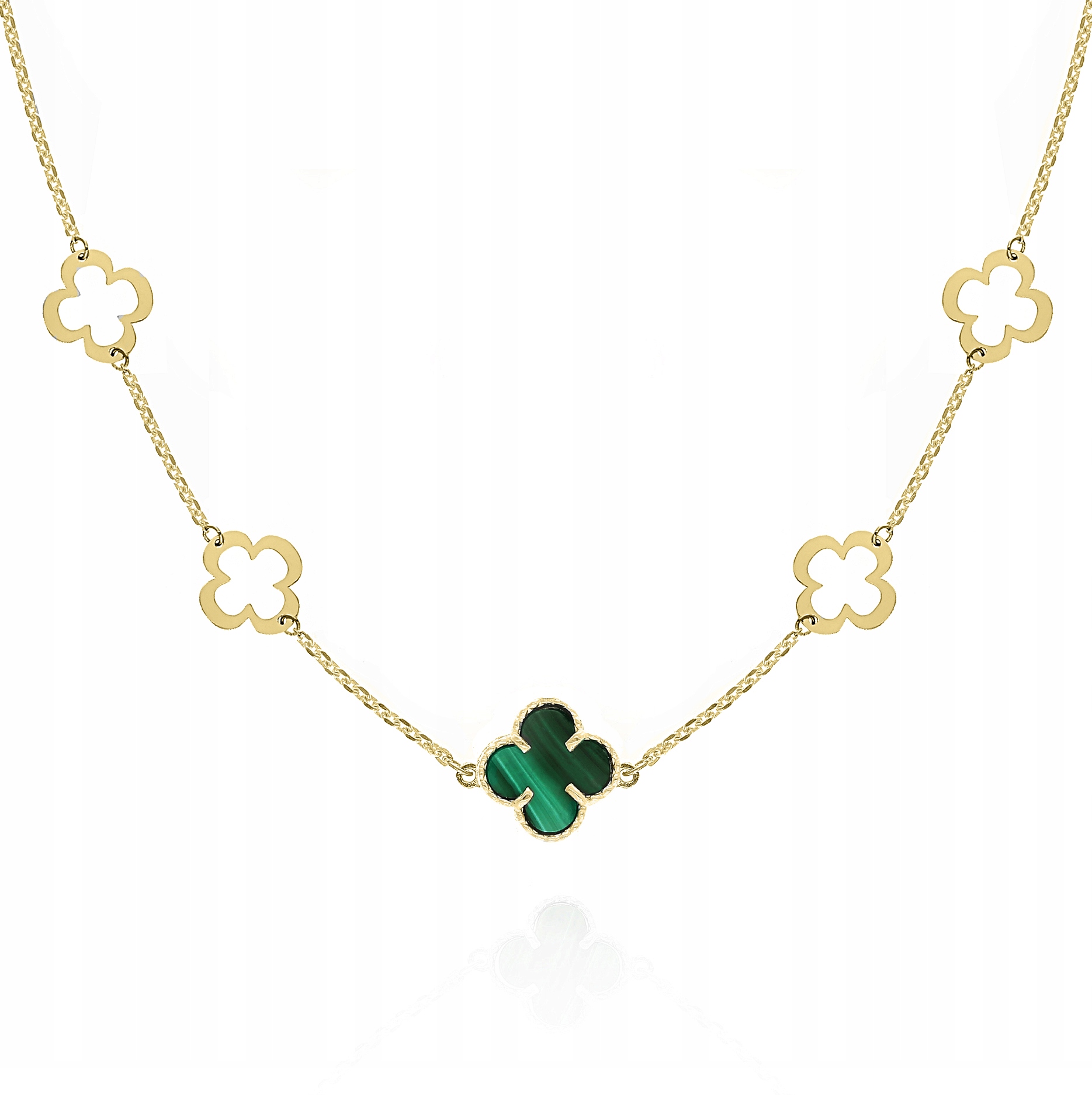 Stříbrný pozlacený náhrdelník choker čtyřlístky malachit Ag.925 40 cm