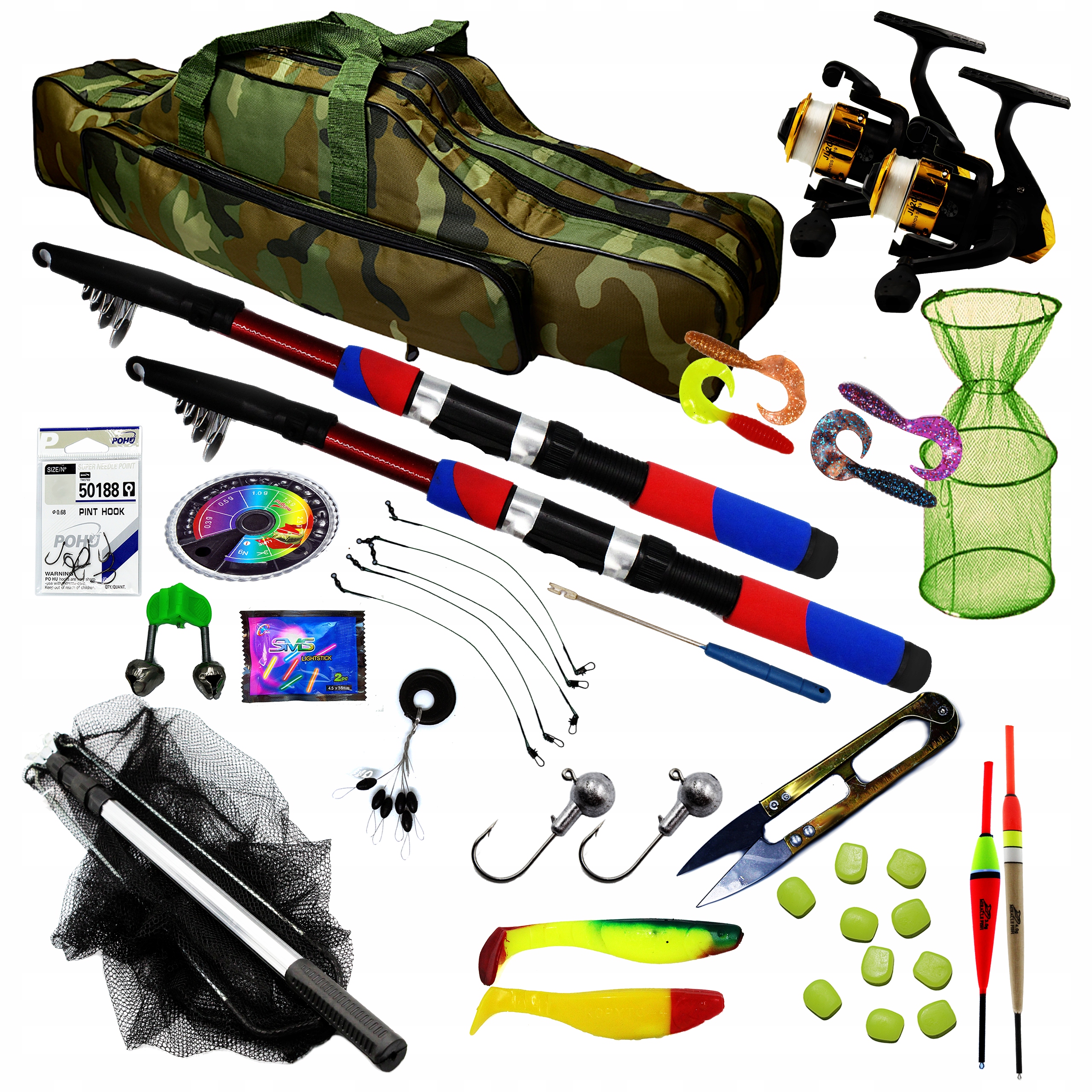 Duży Zestaw Wędkarski Komplet Pokrowiec Wędki Kołowrotki Akcesoria Na Start