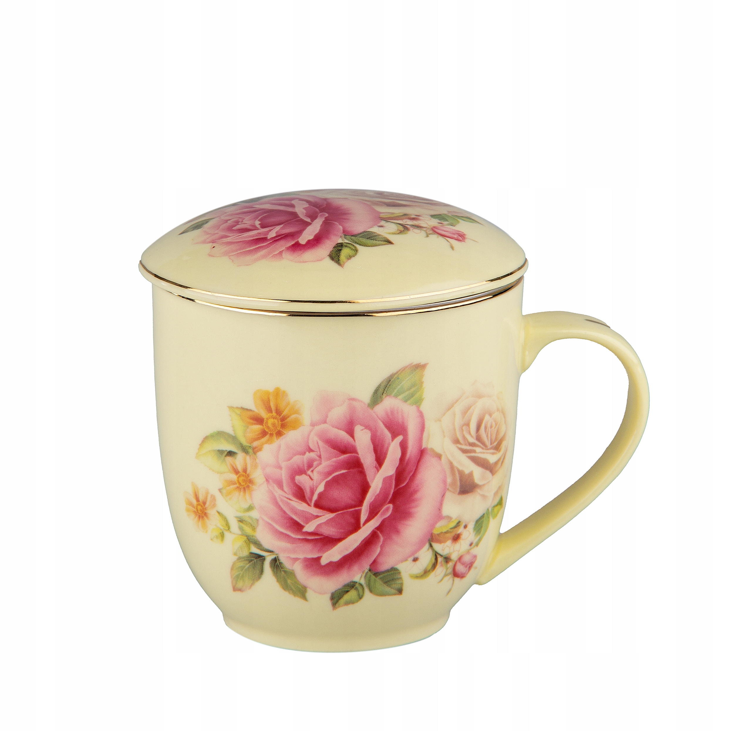 

Kubek porcelanowy ecru z zaparzaczem kwiaty