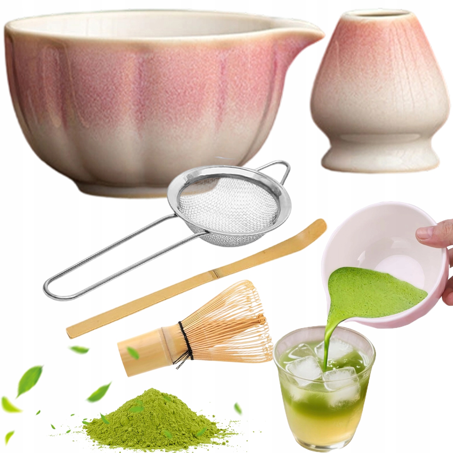 Levně Sada Pro Matchu 5 Prvků Růžová Snadno Čistitelná Ideální Dárek