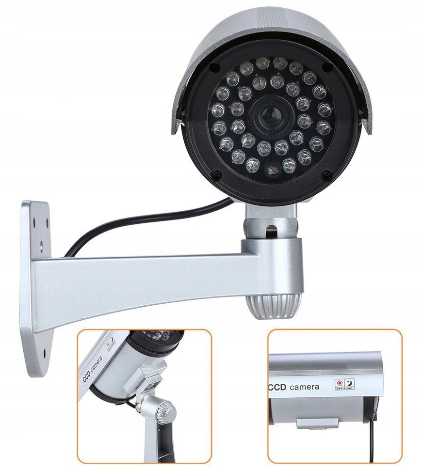 ATRAPA KAMERY IR LED ZEWNĘTRZNA NOCNA DZIEŃ Z DIODĄ LED MONITORING ŚCIENNA Kolor srebrny