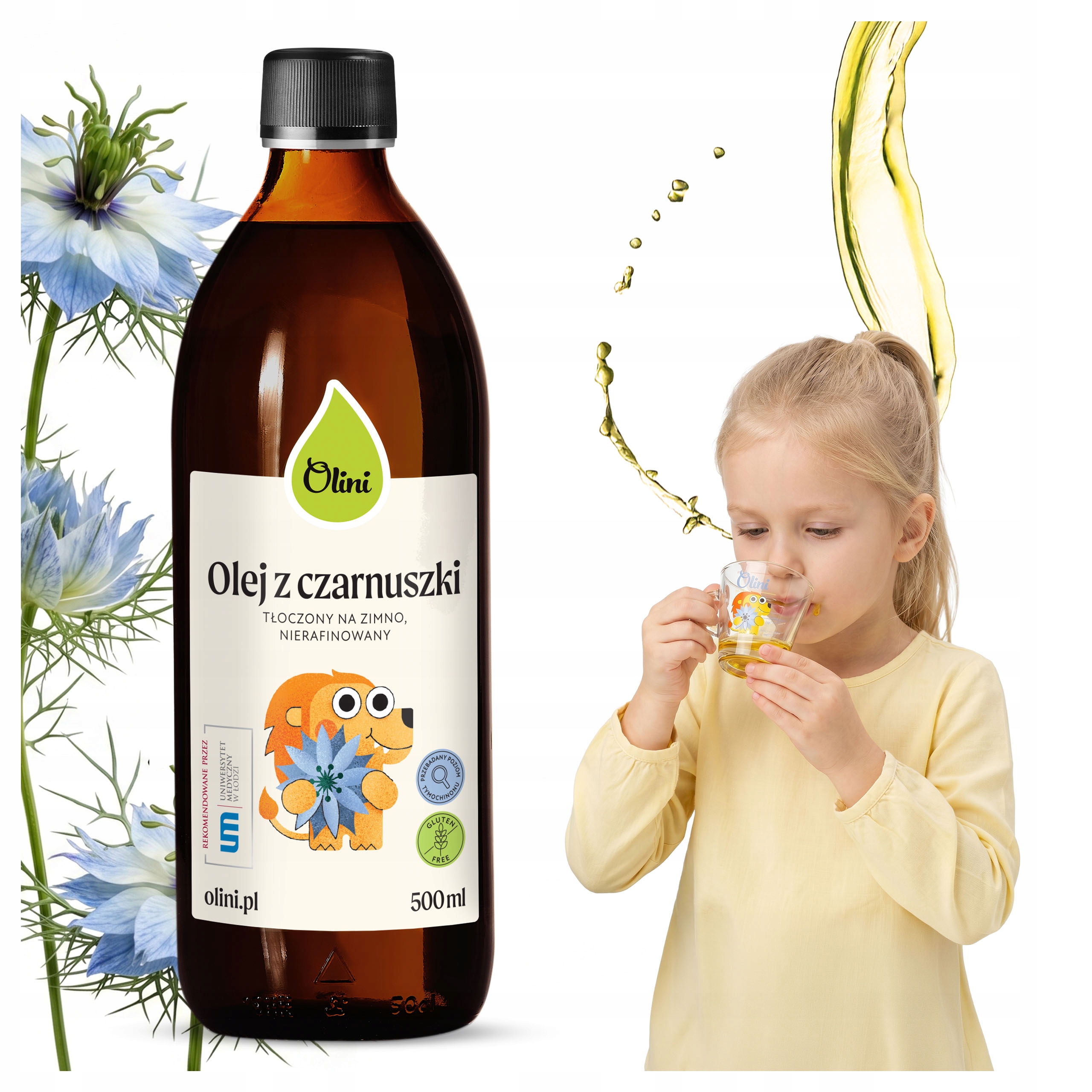 Olej z czarnuszki dla dzieci Olini 500ml tłoczony na zimno na alergie
