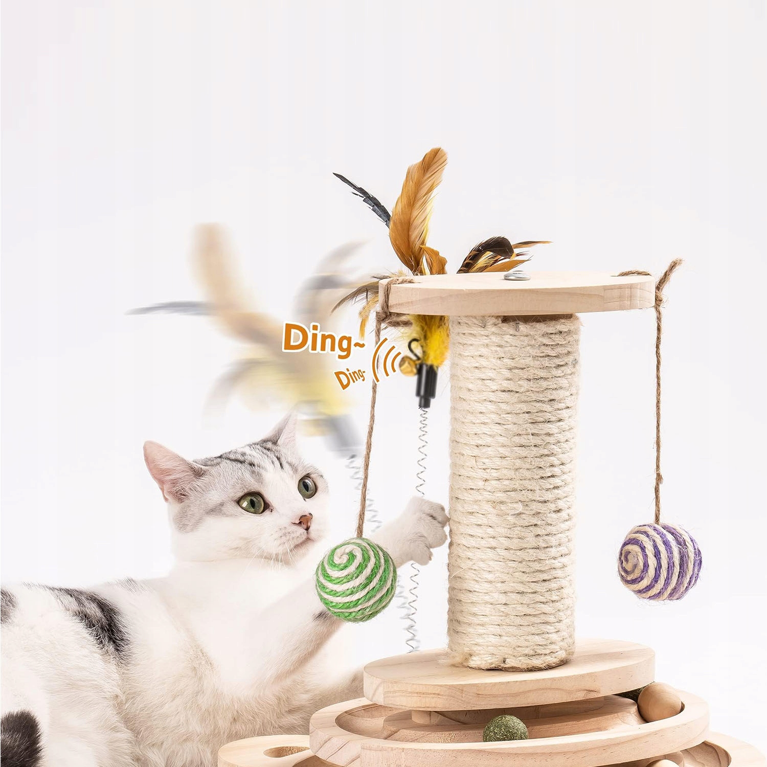 Levně 4v1 Věž pro kočky škrabadlo sloupek míčky pírko hračka pro kočky