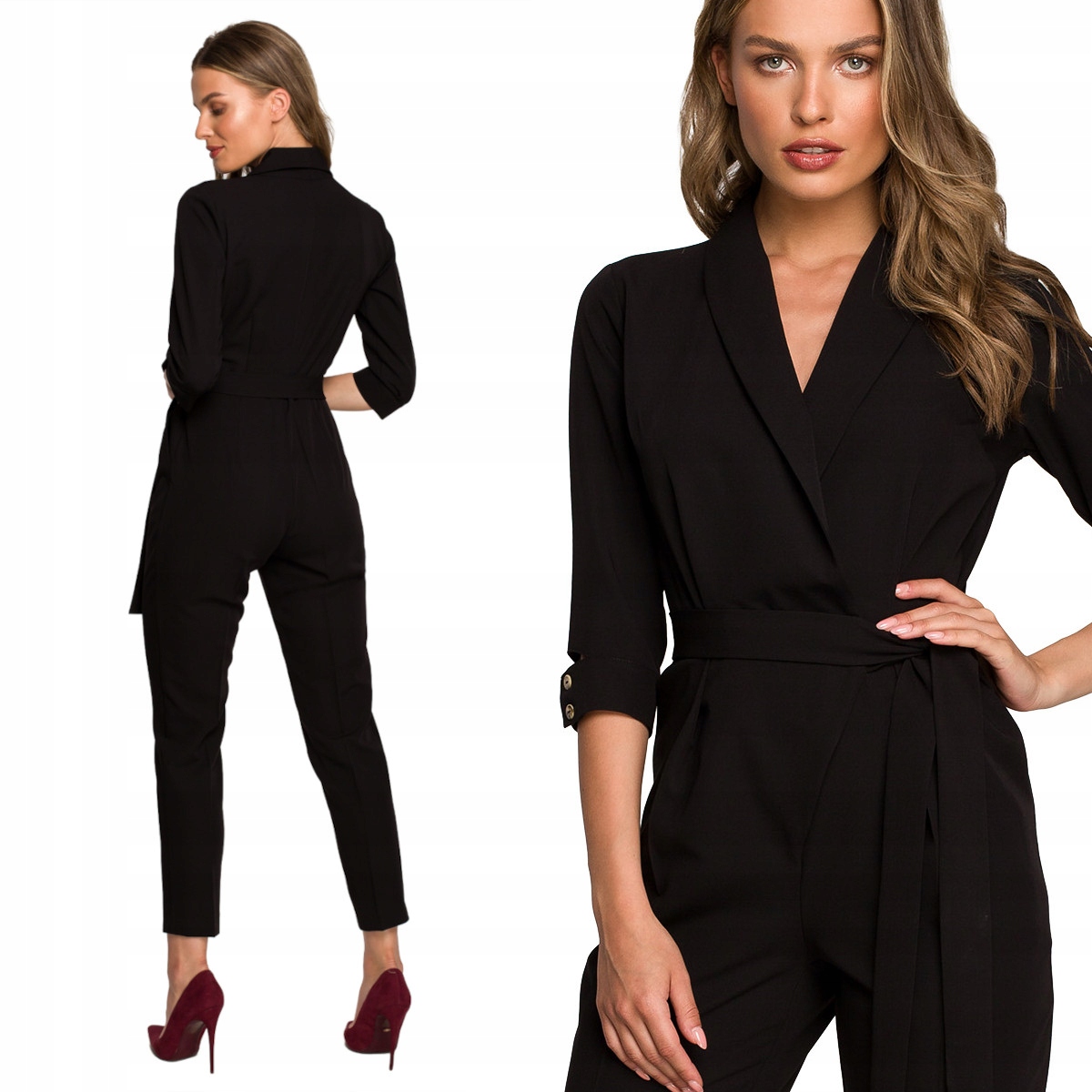 ELEGANCKI DAMSKI KOMBINEZON KOBIECY Z KOŁNIERZEM SZALOWYM CZARNY 38 M
