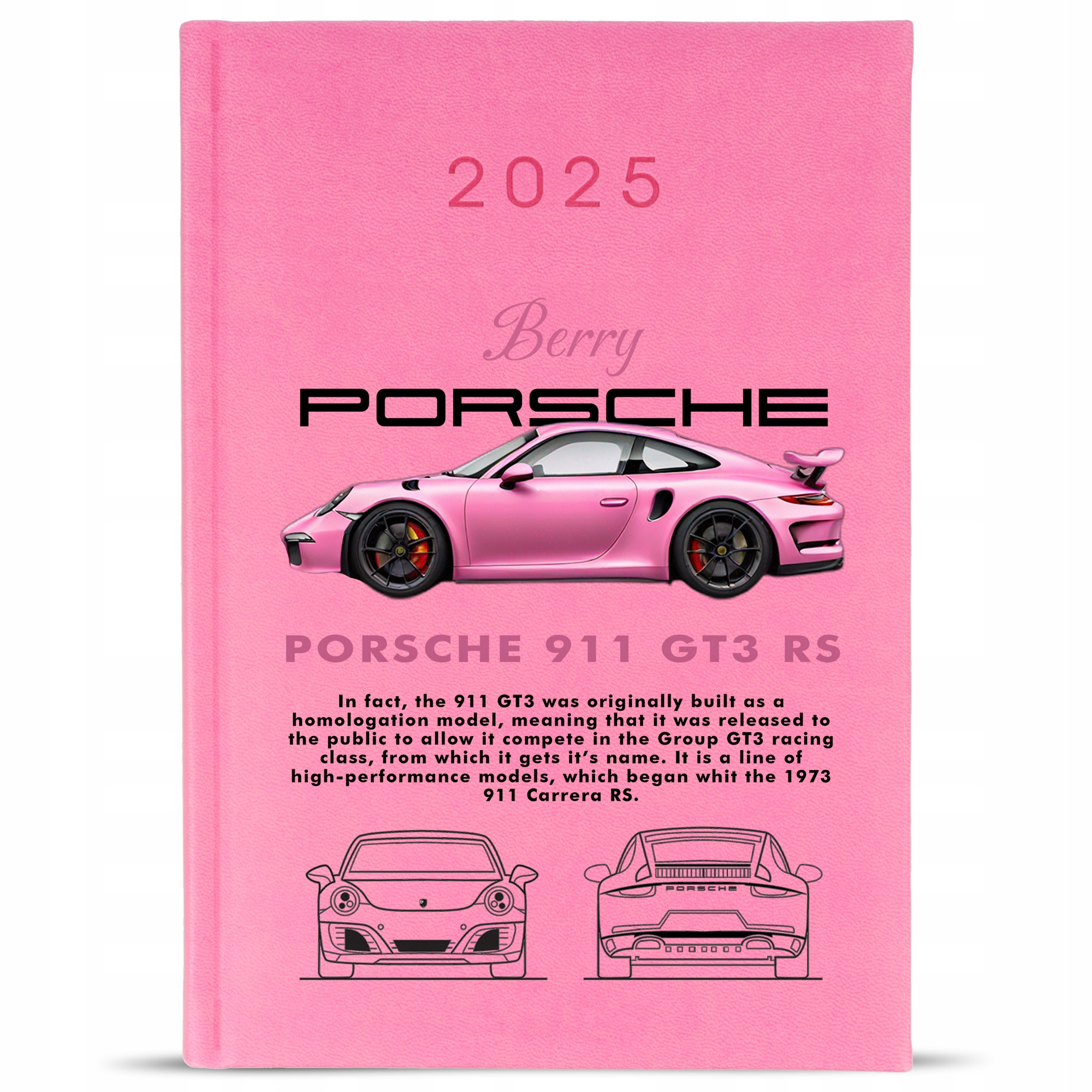 KALENDARZ A5 2025 Różowy Planer Na Prezent Samochody PORSCHE Berry Wzory