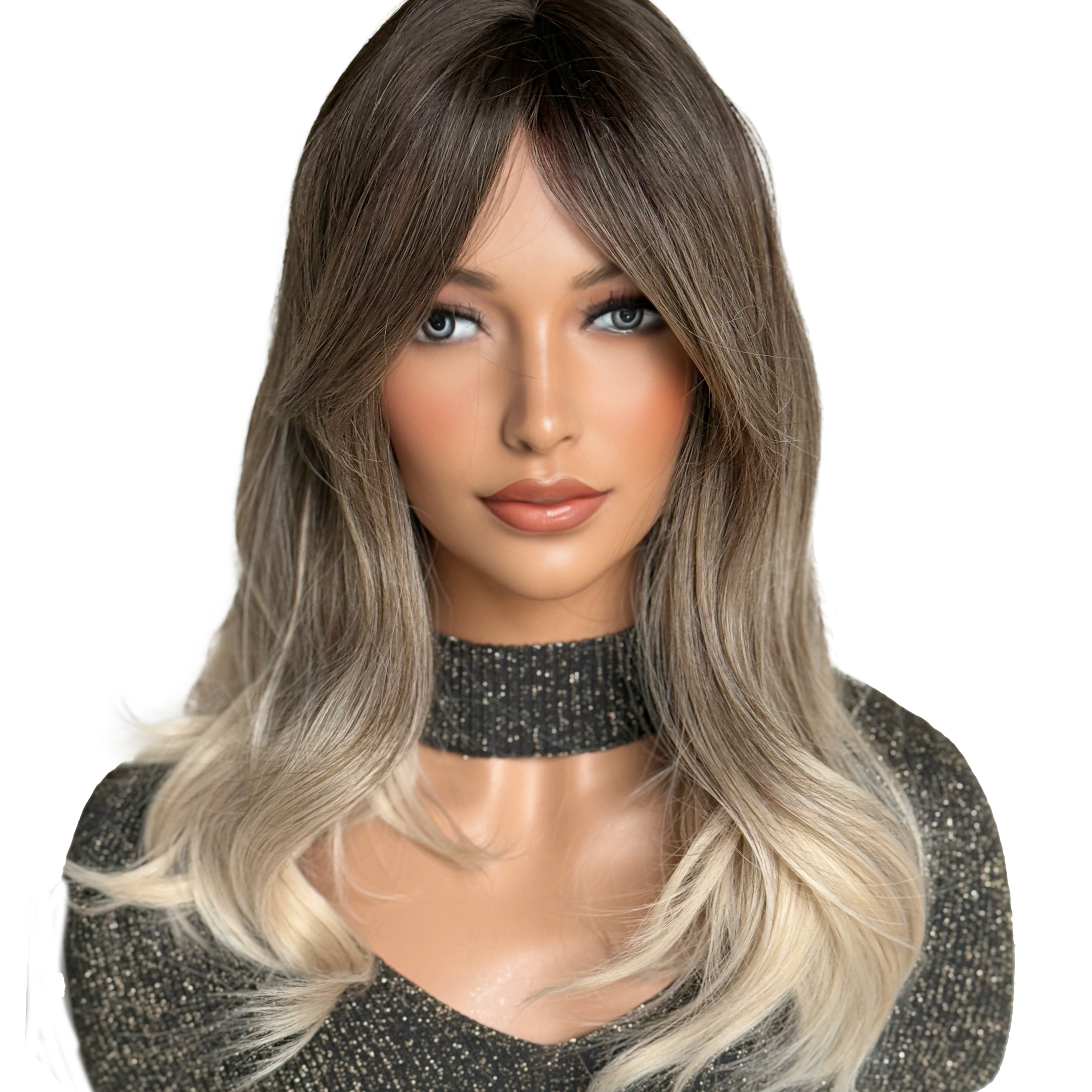 Paruka umělé vlasy ombre lehká vlna Blond Bronz Jako Přírodní S Ofinou