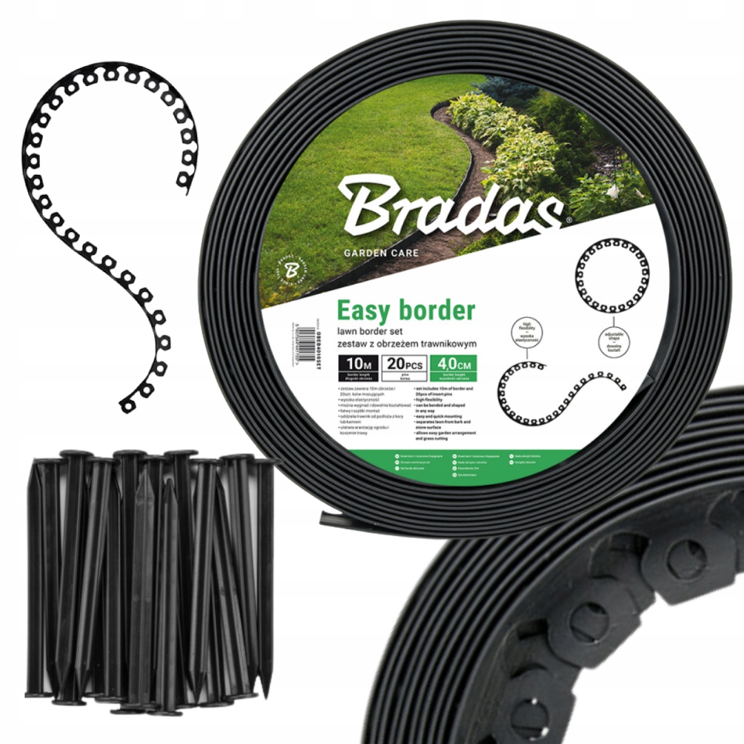 OBRZEŻE OGRODOWE Trawnik Czarne 4cm 10m + 20 KOTWY Elastyczne OBEB4010SET