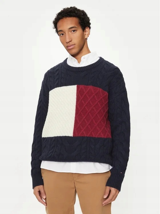 Tommy Hilfiger Pánský Svetr Tmavě Modrý S Pleteným Vzorem Vlna M Xta