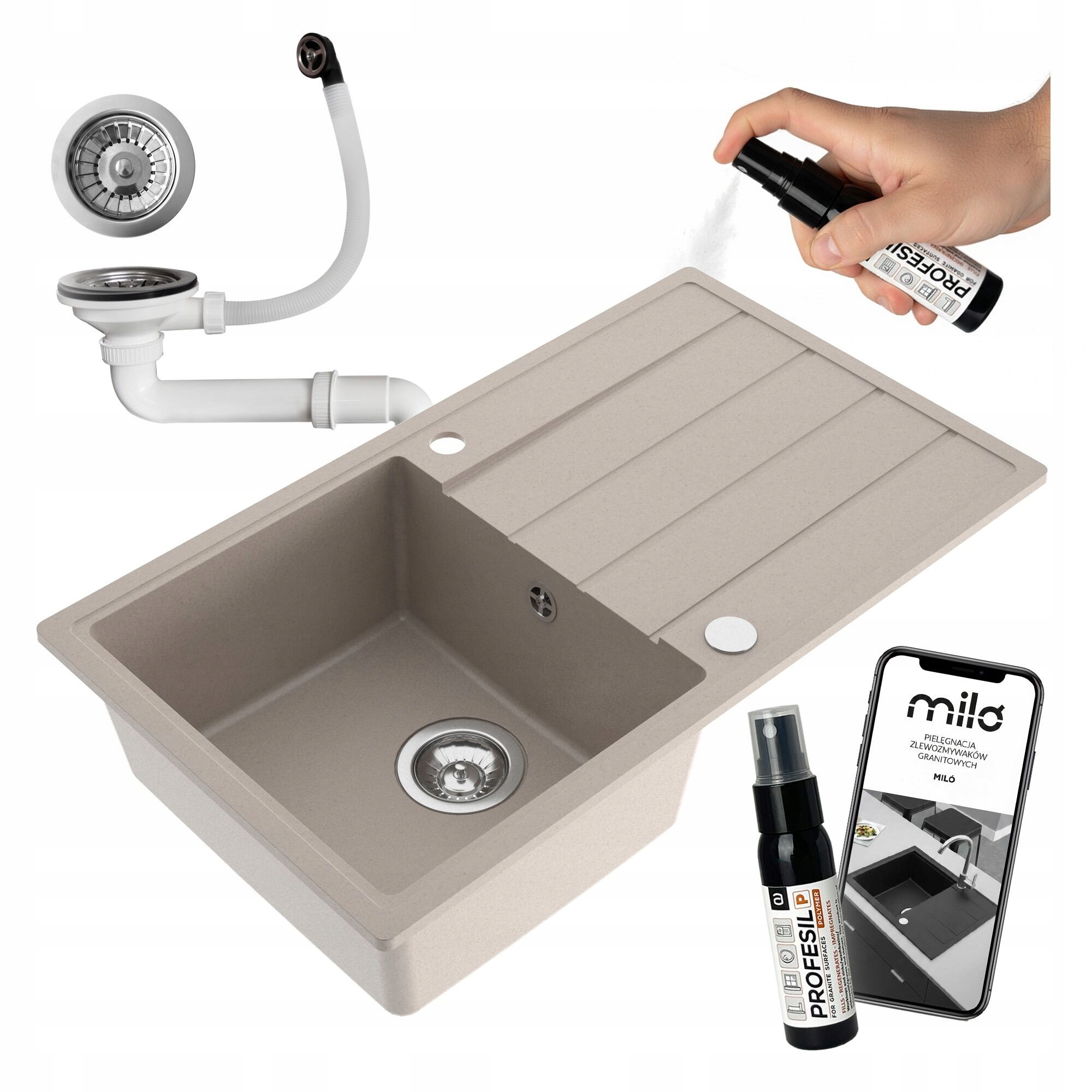 Granitový Jednokomorový Drez Miló Metro Set Sifón Dlhý Odkapávač