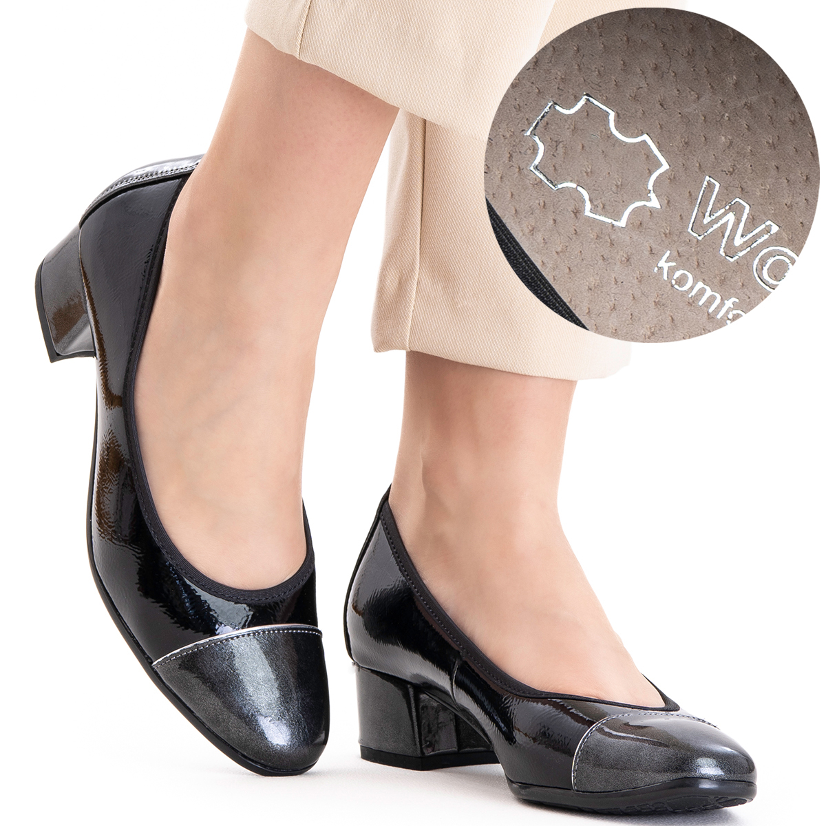 Boty z kůže, polobotky na podpatku, elegantní, úzké, lehké, módní Wojtyłko 40