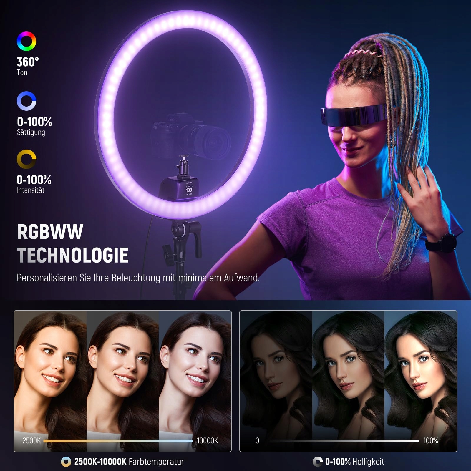 NEEWER SRP18C RGB LED zestaw świateł pierścieniowych 2500 K – 10000 K — miniatura 3