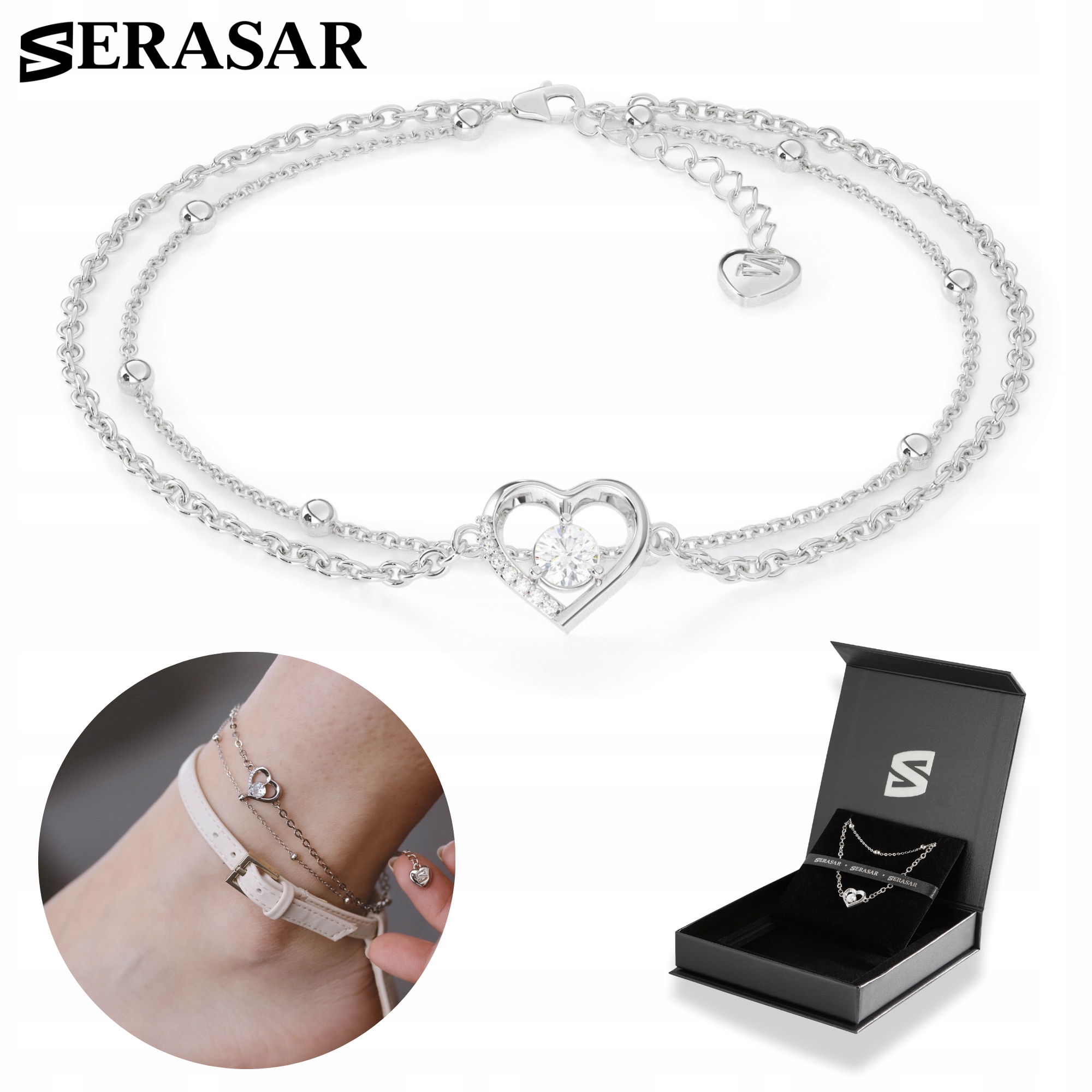 Serasar , Bransoletka na kostkę ze srebra próby 925 „Heart” Kolor czarny